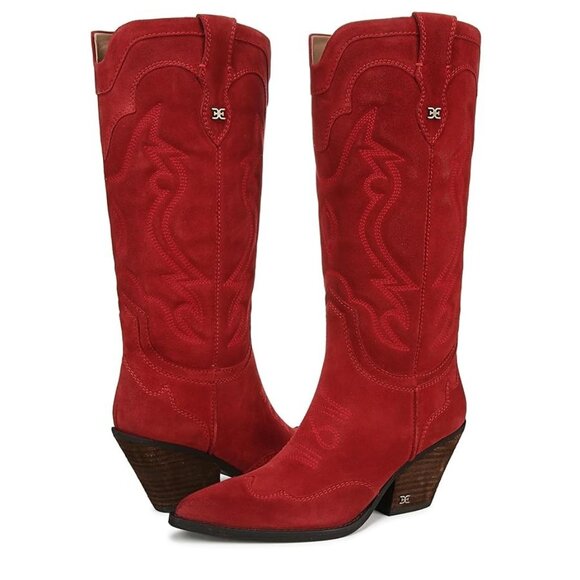 Sam Edelman James Western Boots Red Suede WIDE CALF 9 - Picture 2 of 4